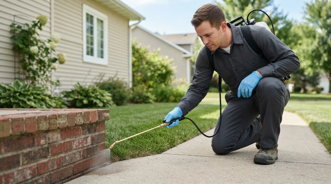 Pest control technician treating a home near Mclouth, KS